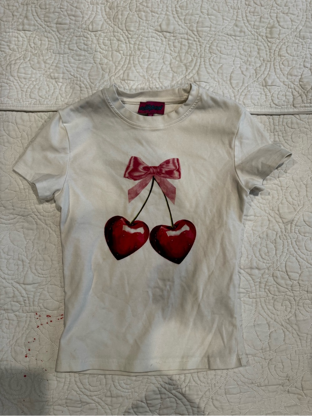 Girls Edikted White Tee with Red Cherry Heart Graphic